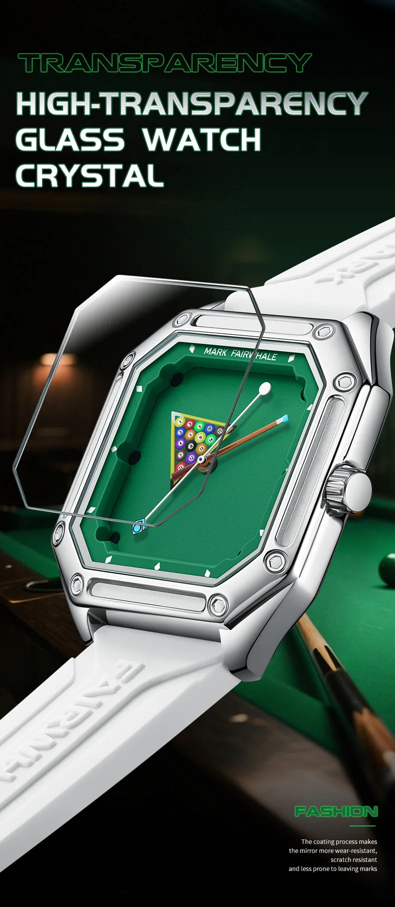Mark Fairwhale 5047 Men Quartz Watch Square Case Luminous Billiards Dial Wristwatch Rubber Strap Watches for Men