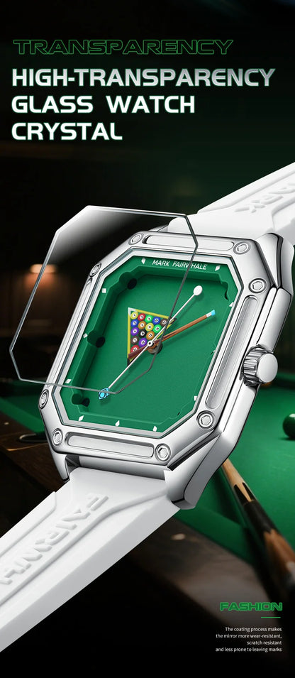 Mark Fairwhale 5047 Men Quartz Watch Square Case Luminous Billiards Dial Wristwatch Rubber Strap Watches for Men