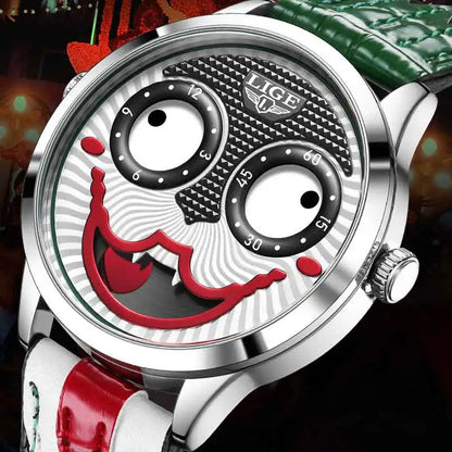 LIGE Creative Joker Watch Men Clown Men's Watches Fashion Leather Strap Waterproof Quartz Wristwatches Moon Phase Clock+BOX