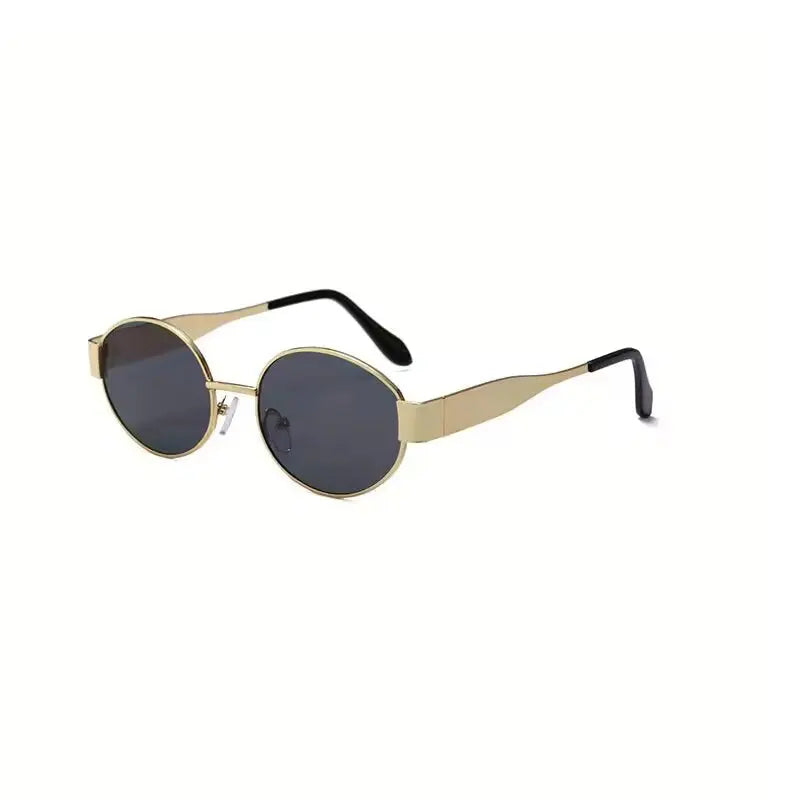 Oval Metal Thin-Frame Sunglasses with Black Textured Temple Tips & Double Bridge Design – Gradient Dark Gray Lenses