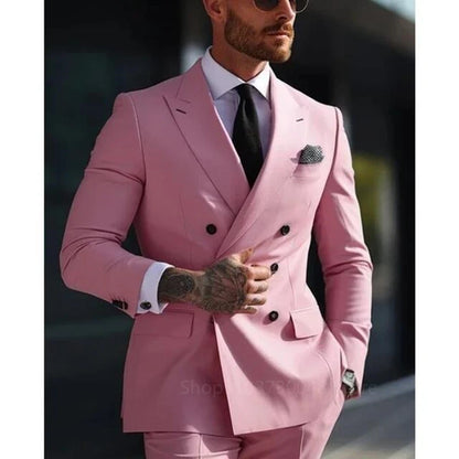 Solid 2 Pieces Men Suits Set Fashion New Men's Formal Business/Wedding Groom Suits Peak Lapel Double Breasted Blazer Trousers