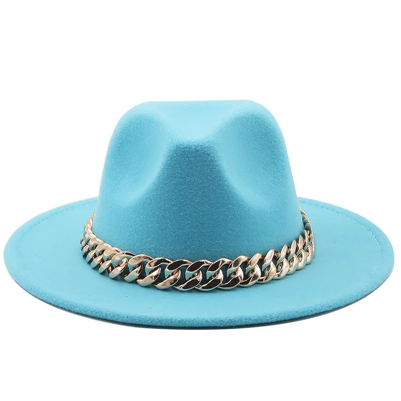 women fedoras golden chain fedora hat women men wide brim solid color jazz top hat autumn winter new Panama hat gentleman hat