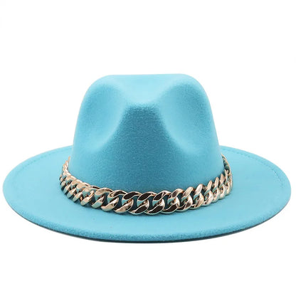 women fedoras golden chain fedora hat women men wide brim solid color jazz top hat autumn winter new Panama hat gentleman hat