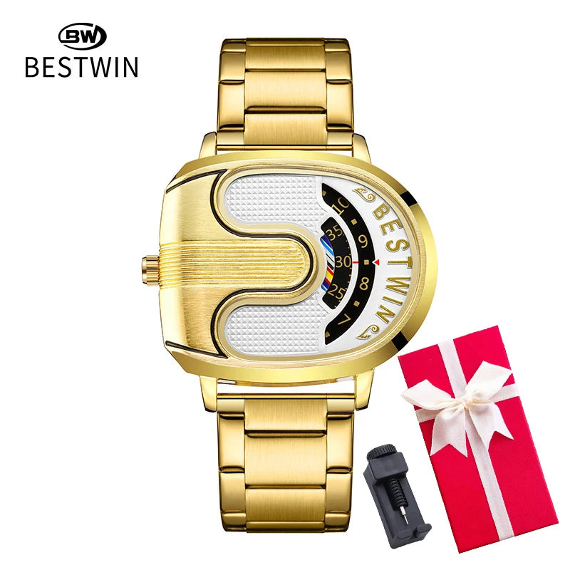 Gold Top Brand Luxury Men Watches Unique Design Stainless Steel Band Golden Dropship relogio masculino High Quality Male