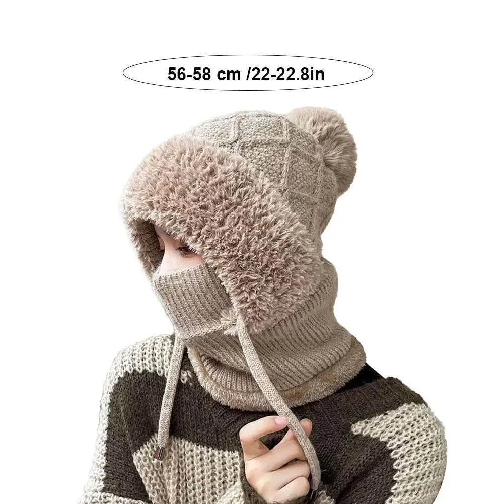 Women Winter Velvet Knitted Woolen Balaclava Hat Ear Protection fluffy Hat Mask Neck Integrated Warmth Cover Hat lady hooded cap