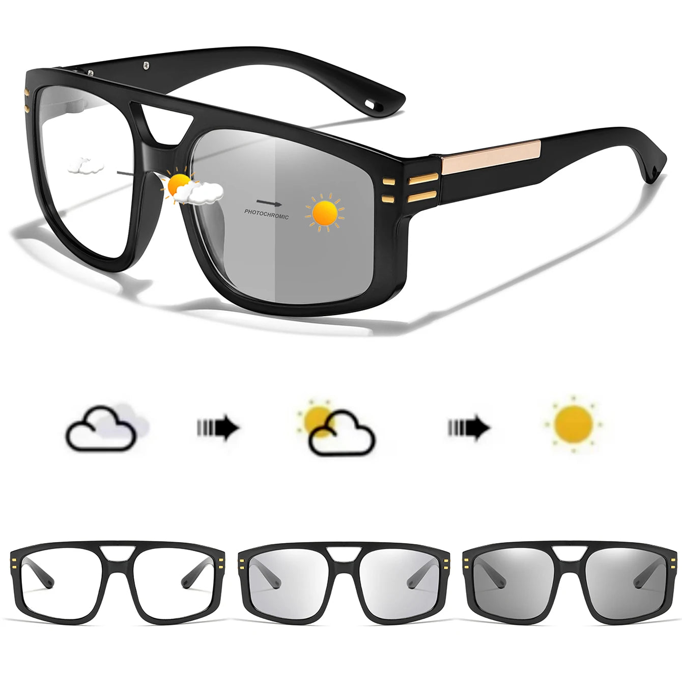 Fashion Photochromic Sunglasses for Men and women Square Windproof Casual Goggles for Outdoor Sports, Running, Hiking, Cycling