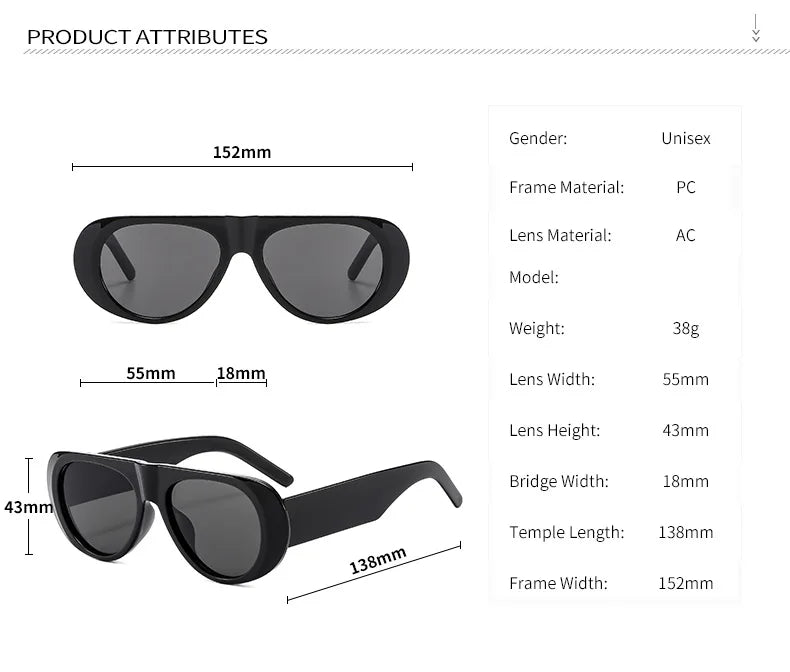 Vintage Big Frame Ellipse Women Square Sunglasses Brand Black Round Cool Men Sunglasses One Piece Designer Pilot Sun Glasses