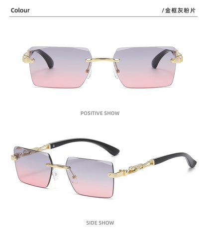 Retro Rimless Square Sunglasses For Men Cut Edge UV400 Leopard Decorative Shades Gradient Lens Sun Glasses for Women