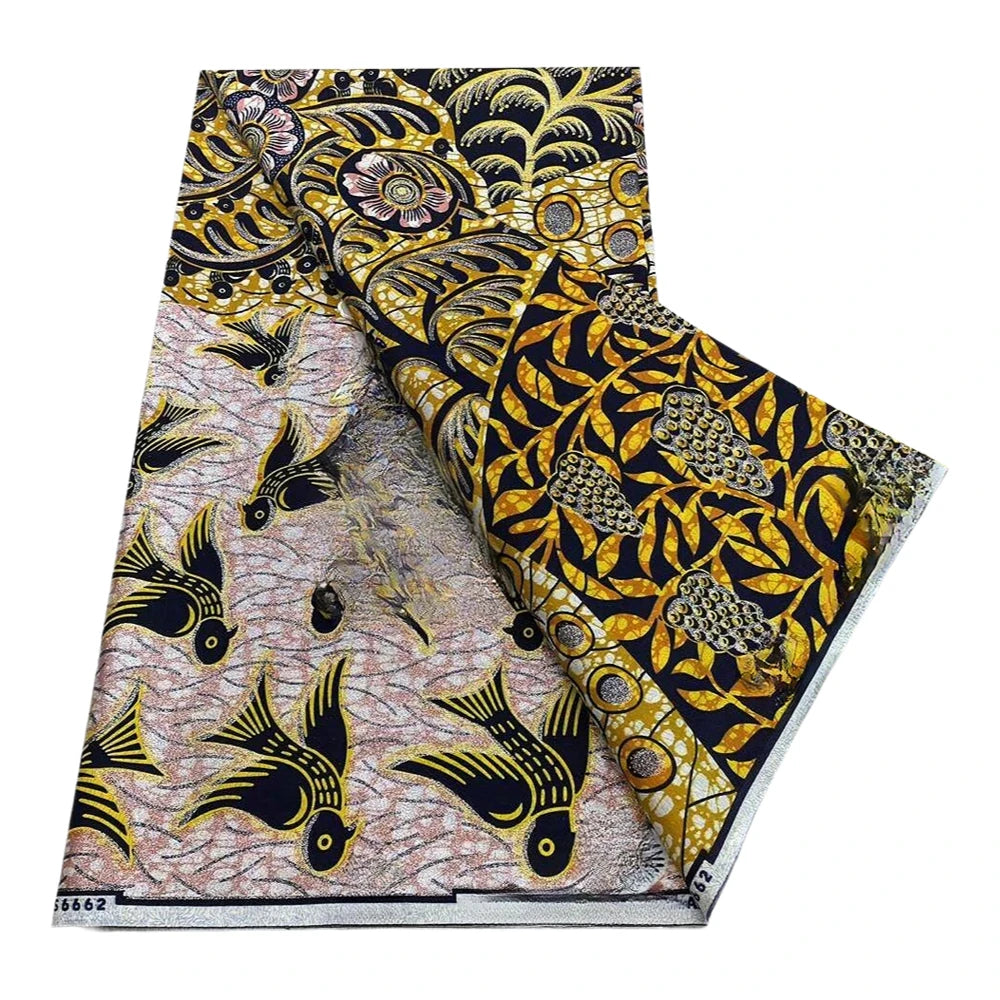 100%Certified Grand Super African Wax Nigerian GlitterGlam Gold Embellished Ankara Wax Printed Fabric Real Original For Sewing