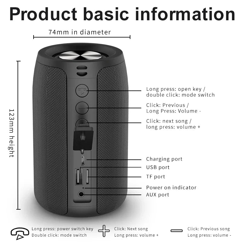 ZEALOT-S32 Portable Bluetooth Speaker Subwoofer - Waterproof Stereo Outdoor Boom Box with TF Card & AUX Support