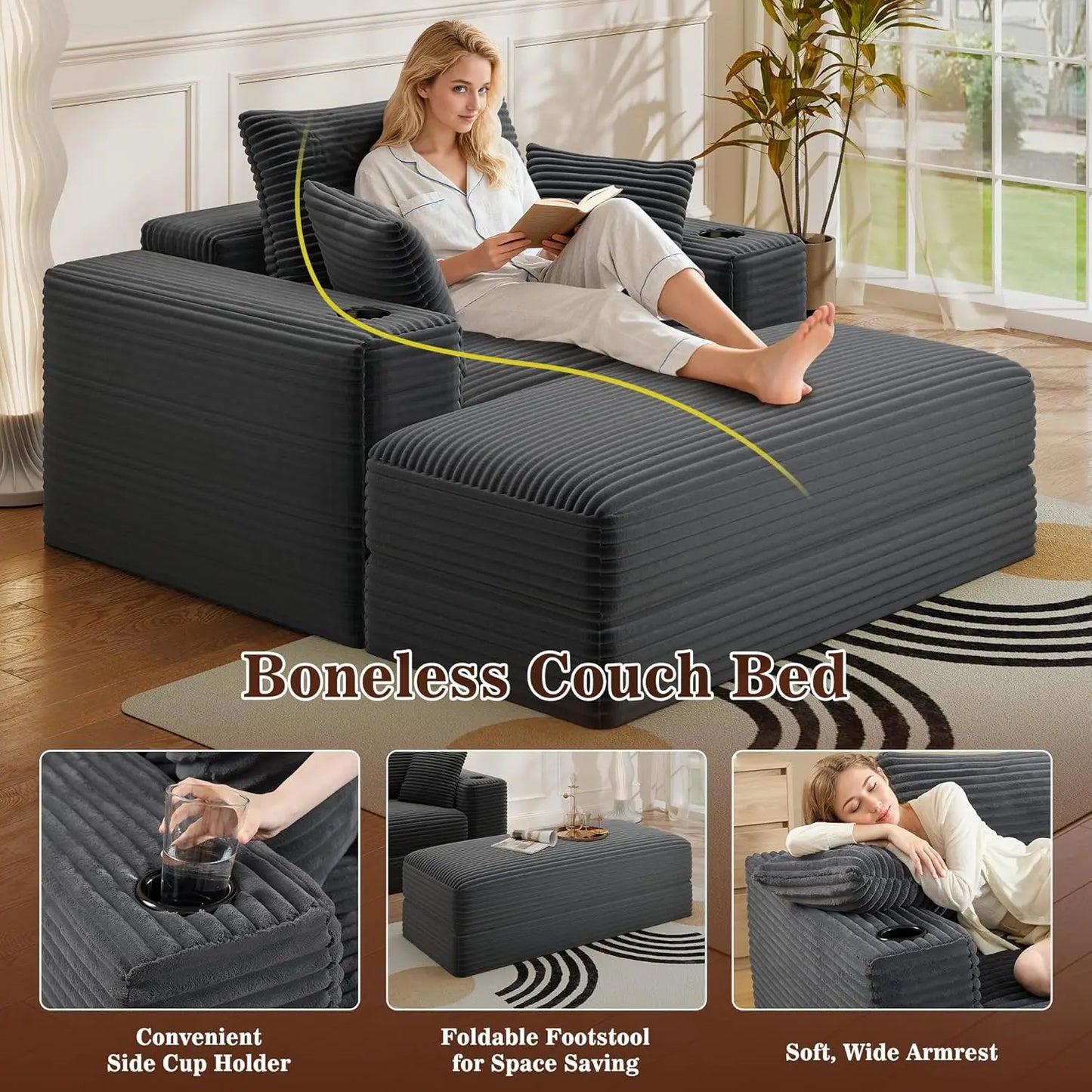 52" Boneless Chaise Lounge Chair Indoor — Oversized Cloud-Like Cozy Comfy Modular 3-in-1 Sofa Bed for Reading,, Customized