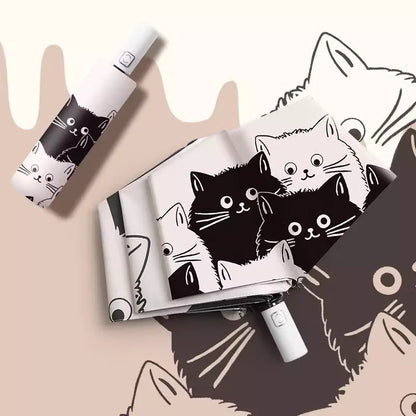 Black and white cat auto umbrella for sun and rain; cute portable sunshade with UV protection; black rubber folding sun umbrella