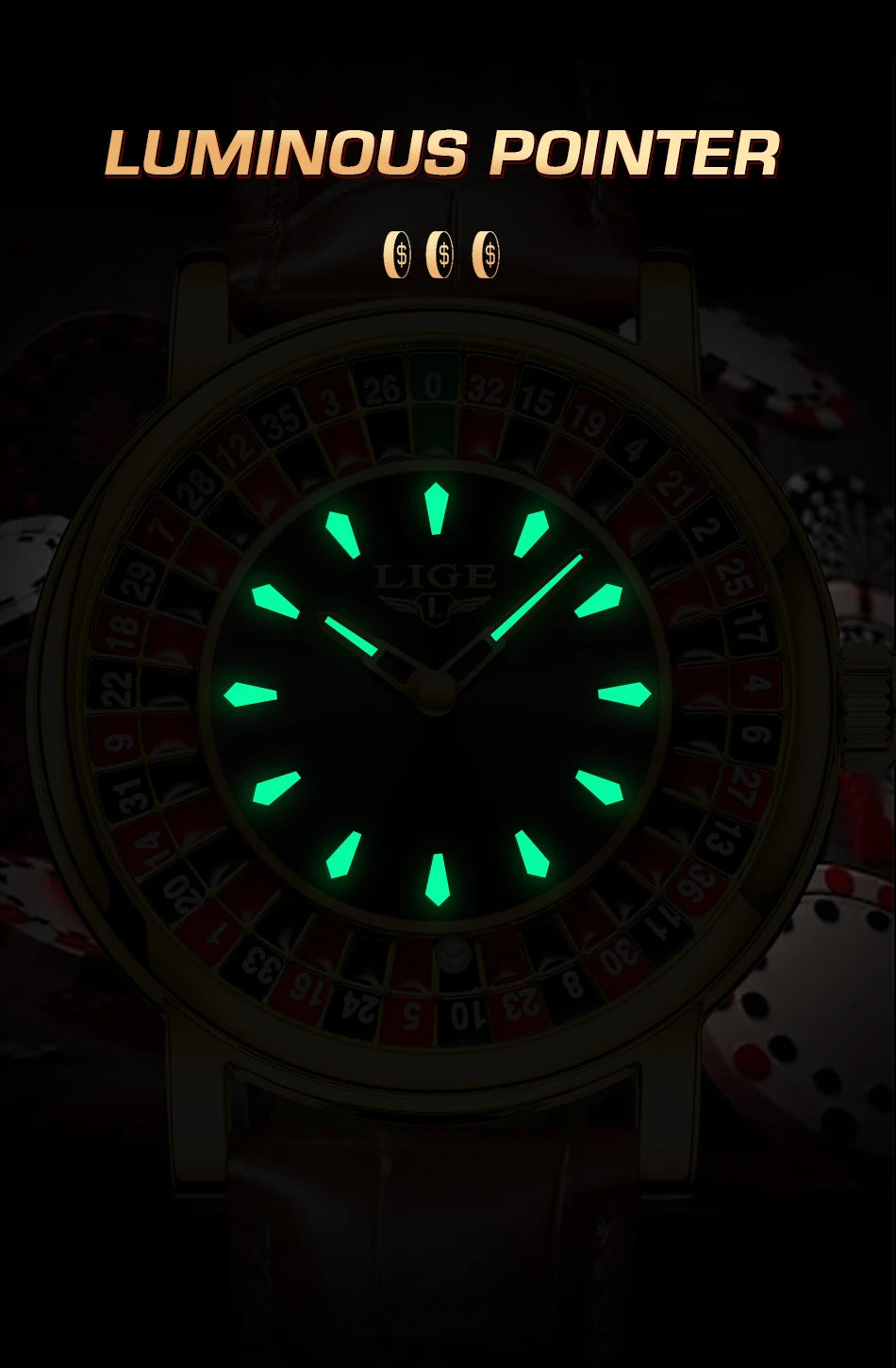 LIGE Creative Golden Mens Watches Roulette Game Dial Fashion Man Watch Waterproof Luminous Quartz Wristwatches Rolling Ball+Box