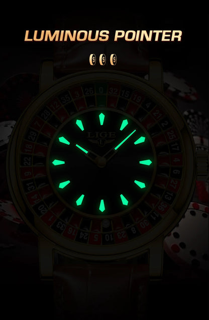 LIGE Creative Golden Mens Watches Roulette Game Dial Fashion Man Watch Waterproof Luminous Quartz Wristwatches Rolling Ball+Box