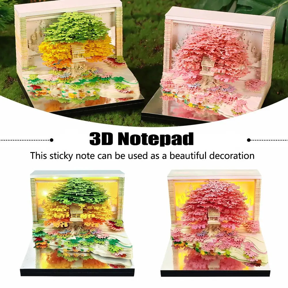 3D Calendar Sticky Notes of Flower Sea and Tree Island 2026 Unique Paper Sculpture Calendar For Desk Decor With Lights Design