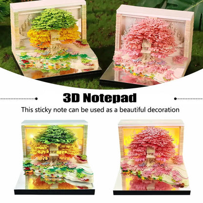3D Calendar Sticky Notes of Flower Sea and Tree Island 2026 Unique Paper Sculpture Calendar For Desk Decor With Lights Design