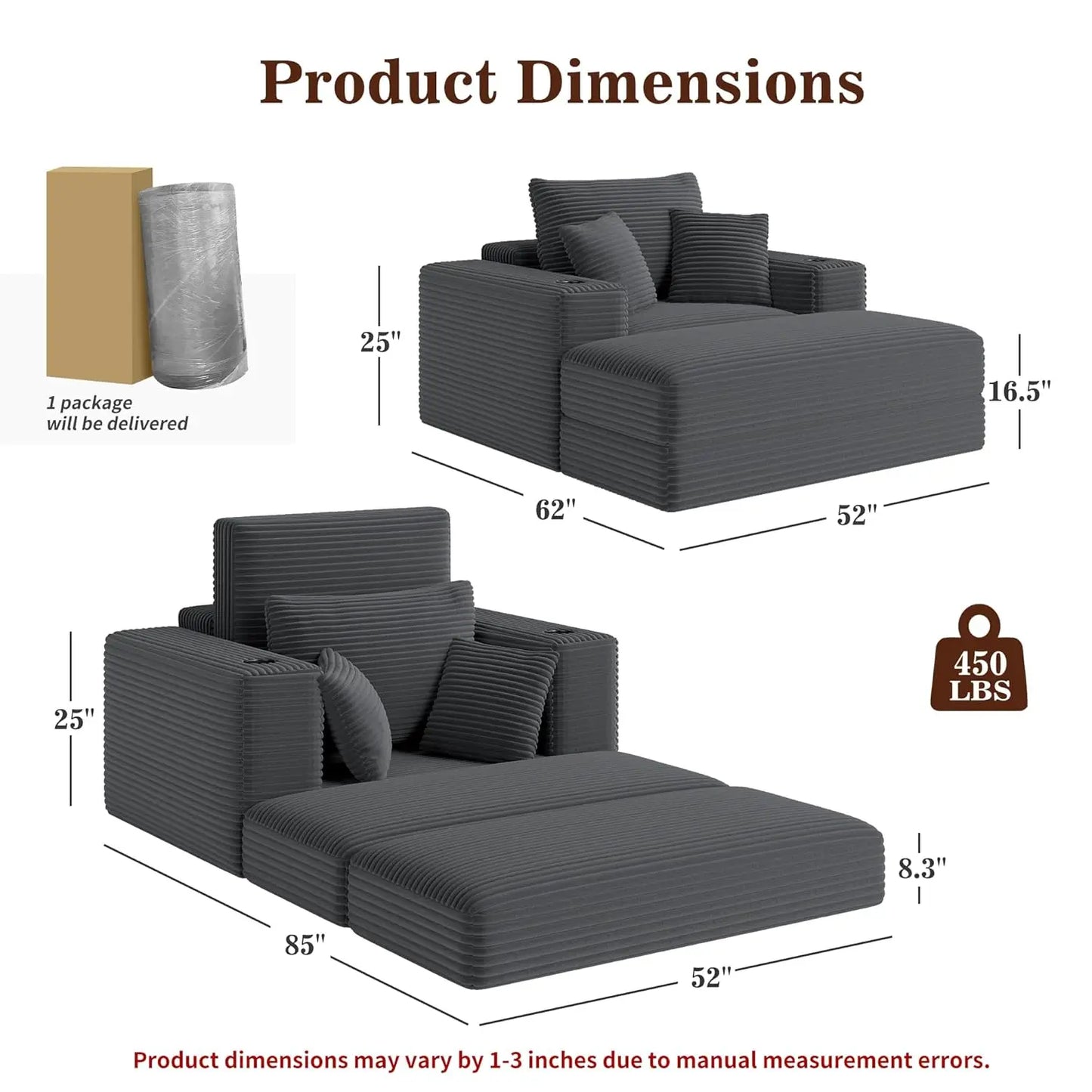 52" Boneless Chaise Lounge Chair Indoor — Oversized Cloud-Like Cozy Comfy Modular 3-in-1 Sofa Bed for Reading,, Customized