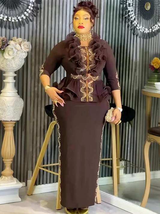 Elegant African Dresses for Women Plus Size Ruffle Evening Party Long Dress Dashiki Ankara Turkey Outfits Robe African Clothes