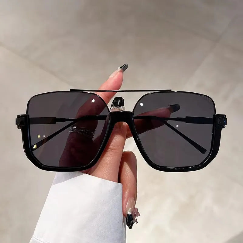 Oversized Square Aviator Sunglasses – Black Frame with Double Bridge, Brown Gradient Lens, UV400 Fashion Sun Glasses for Women