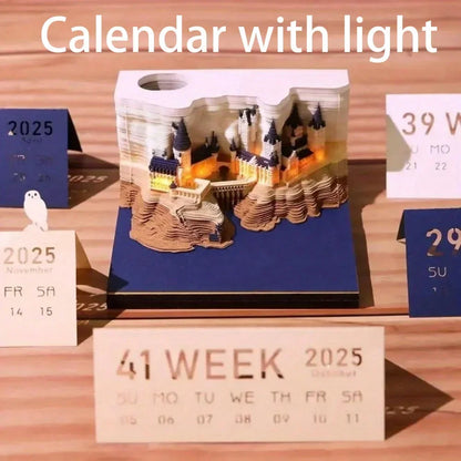 3D 3D Magic Castle Sticky Note Calendar Tearable Paper Sculpture with LED Light Weekly Desk Decor Creative Craft Gift