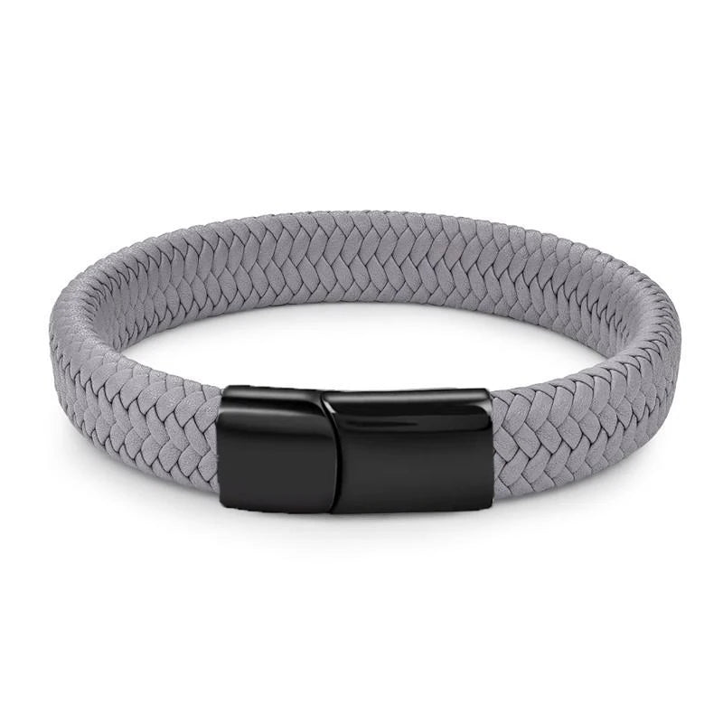 Fashion Simple White Leather Braid Bracelet Stainless Steel Buckle Clasps for Men Handmade Bangle Wholesale Charm Jewelry Gift