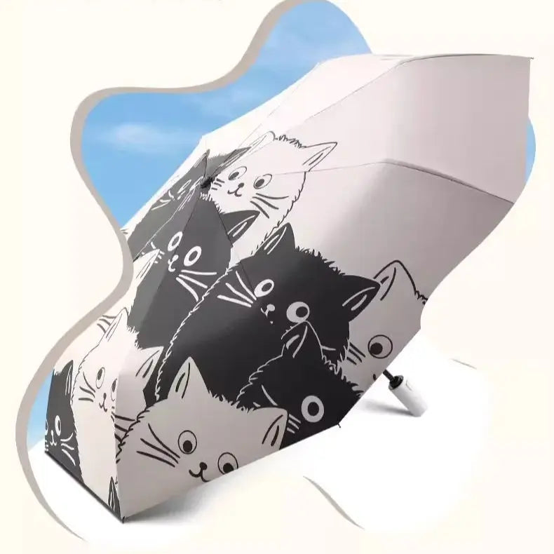 Black and white cat auto umbrella for sun and rain; cute portable sunshade with UV protection; black rubber folding sun umbrella