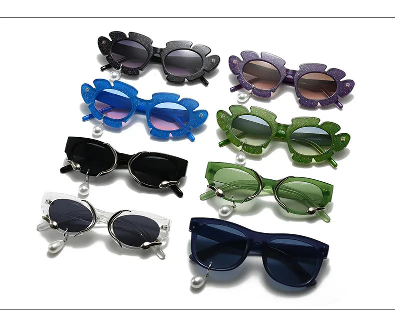 Pearl Diamond  DIY Tear Sunglasses for Women Small Frame Cat Eye Fashion Forward Mermaid Tear Aviator Eyewear