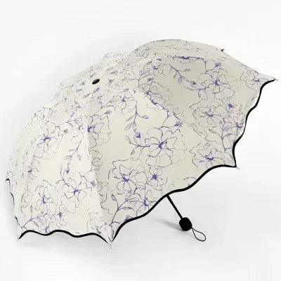 New Wave Edge Umbrella for Girls UV Protection Black Coating Hibiscus Flower Princess Fashion