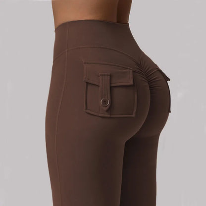 Women's Yoga Flare Trousers, High-Waisted Tummy-Control Wide-Leg Trousers Outdoor Casual Leggings with Pockets, Gym Workout Trou