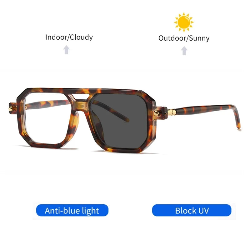 KOCOLIOR Men's Retro Fashion Double Beam Reading Glasses Brand Design Anti Blue Light Photochromic Presbyopia Glasses +0 to +6.0