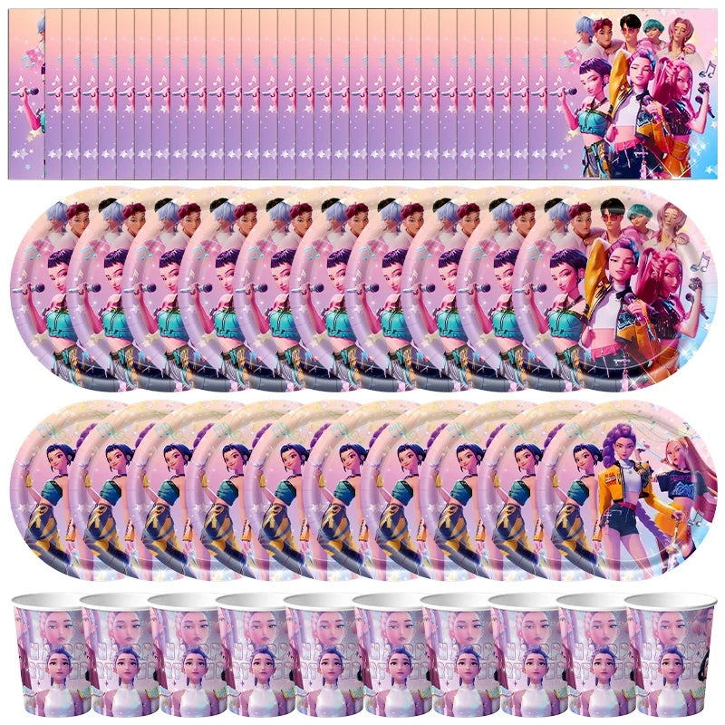 Kpop Birthday Party Decoration Tableware Set Birthday Party Supplies Balloons Cake Topper Hanging Flag Cups K-pop Party Decor