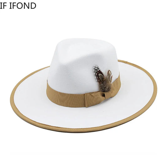 2022 New Feather band Felt Fedora Hats for Women Wide Brim Men Formal Jazz Hats Panama Church Wedding Dress Hat chapeu feminino