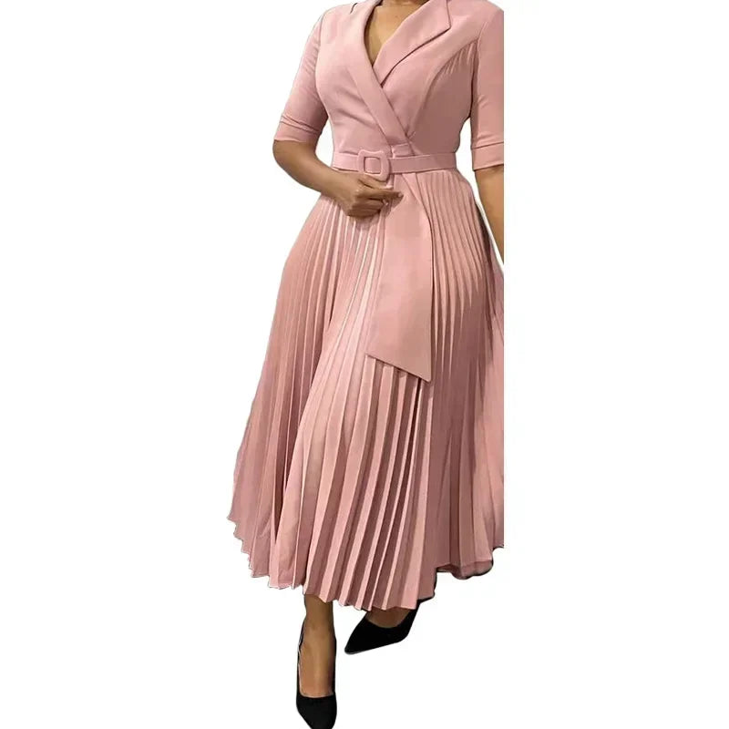 2025 Dashiki African Dresses for Women Autumn Elegant Half Sleeve V-neck Polyester Pleat Dress Ankara Dresses African Clothes