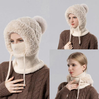 Women Winter Velvet Knitted Woolen Balaclava Hat Ear Protection fluffy Hat Mask Neck Integrated Warmth Cover Hat lady hooded cap
