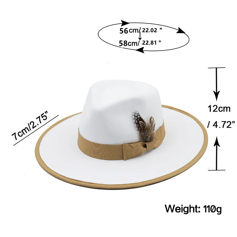 2022 New Feather band Felt Fedora Hats for Women Wide Brim Men Formal Jazz Hats Panama Church Wedding Dress Hat chapeu feminino