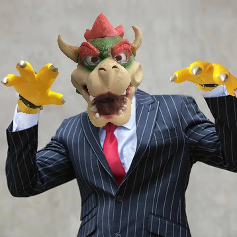 Bowser Cosplay Mask and Glove Costume, Cute Dinosaur Claw Pad Latex Gloves, Anime Halloween Party Role-Play Mask