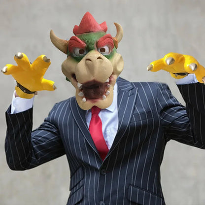 Bowser Cosplay Mask and Glove Costume, Cute Dinosaur Claw Pad Latex Gloves, Anime Halloween Party Role-Play Mask
