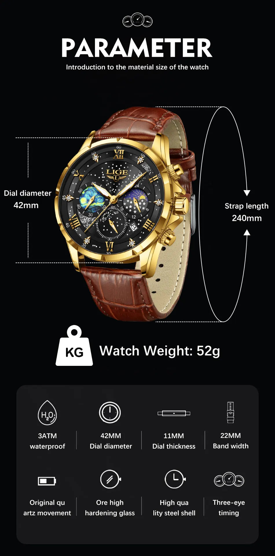 LIGE 2024 Top Luxury Brand Men Genuine Leather Sports Watches Men's Army Military Watch Male Date Quartz Clock Relogio Masculino