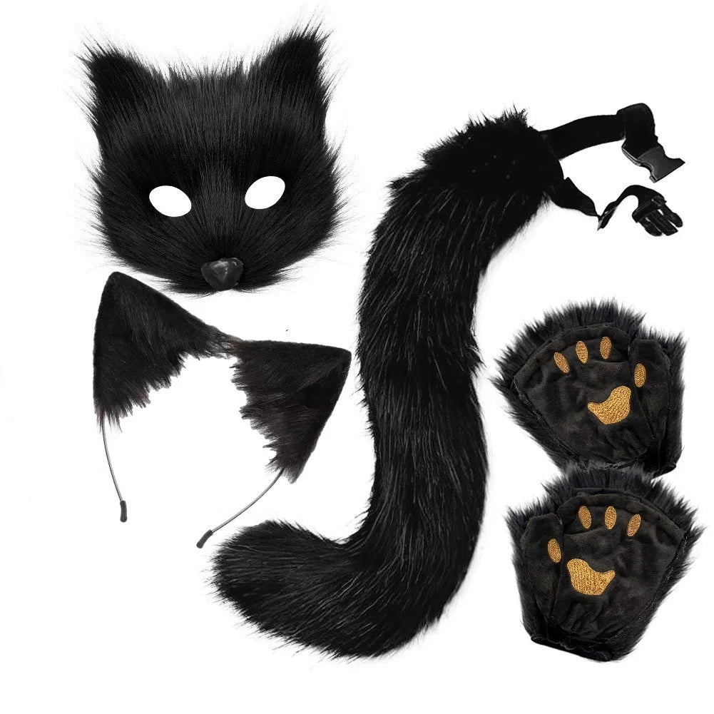 4-piece fur fox costume accessory set - including mask, gloves, headband, tail, with realistic fur and claws, perfect for Hallow