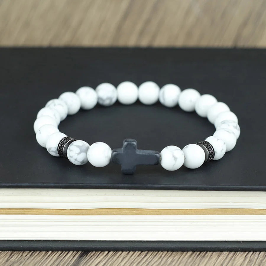 Men Crucifix Beaded Bracelet Onyx White Howlite Healing Braclet Charms Natural Stone Prayer Wristbands Stretch Religious Jewelry