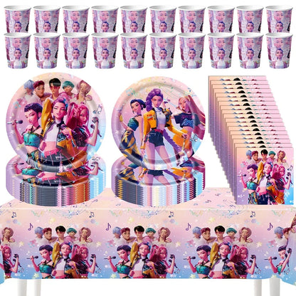 Kpop Birthday Party Decoration Tableware Set Birthday Party Supplies Balloons Cake Topper Hanging Flag Cups K-pop Party Decor