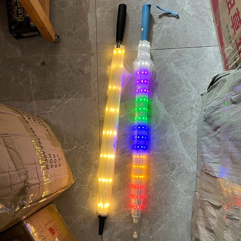 Romantic Gift Colorful Led Light Umbrella With Flashlight Creative Long Handle Transparent Straight Handle Flashlight Umbrella