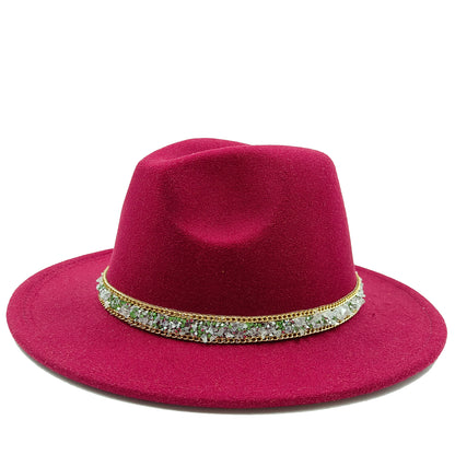 women fedoras golden chain fedora hat women men wide brim solid color jazz top hat autumn winter new Panama hat gentleman hat