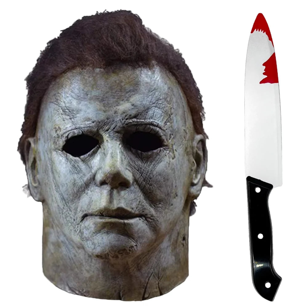 Halloween Michael Myers Mask Scary Killer Full Head Mask Creepy Fire Burn Scar Latex Face Mask Cosplay Costume Party Props Knife