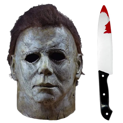 Halloween Michael Myers Mask Scary Killer Full Head Mask Creepy Fire Burn Scar Latex Face Mask Cosplay Costume Party Props Knife