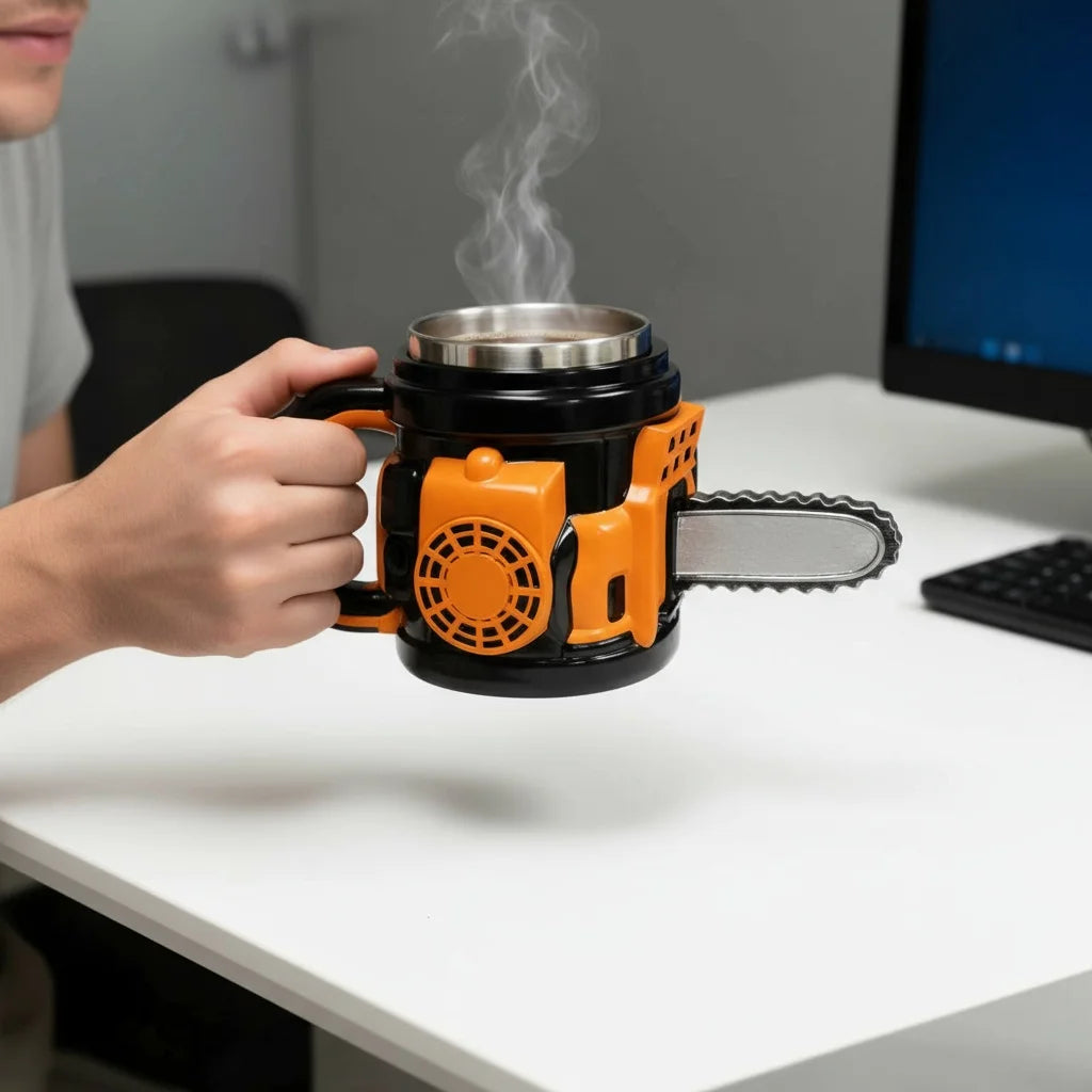 Chainsaw Shaped Resin Coffee Mug with Stainless Steel Liner,Novelty Chainsaw Coffee Cup, Unique Funny Tool Mug for Coffee