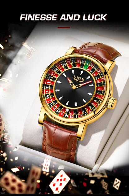 LIGE Creative Golden Mens Watches Roulette Game Dial Fashion Man Watch Waterproof Luminous Quartz Wristwatches Rolling Ball+Box