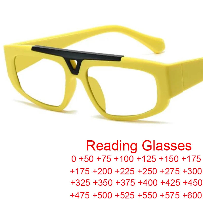 Brand Square Blue Light Blocking Men Reading Glasses Fashion Yellow Small Frame Double Bridge Hollowing Out Prescription Glasses