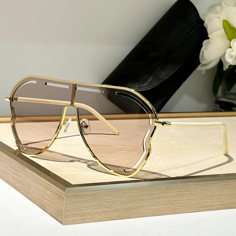 Oversized One-Piece Pilot Punk Sunglasses Women Big Frame 2025 Luxury Brand Hollow Sun Glasses For Ladies Shield Eyewear Shades