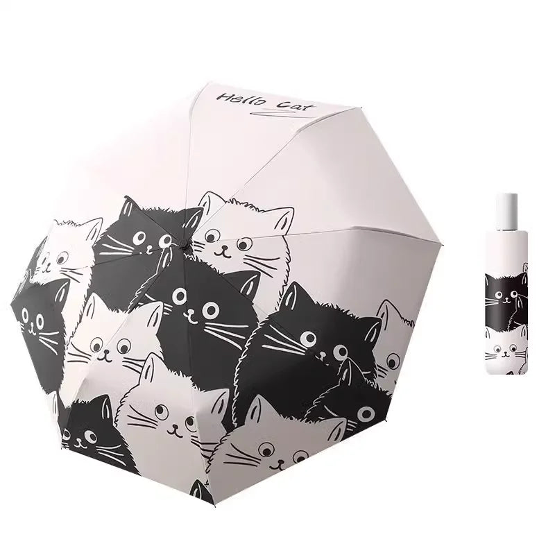 Black and white cat auto umbrella for sun and rain; cute portable sunshade with UV protection; black rubber folding sun umbrella